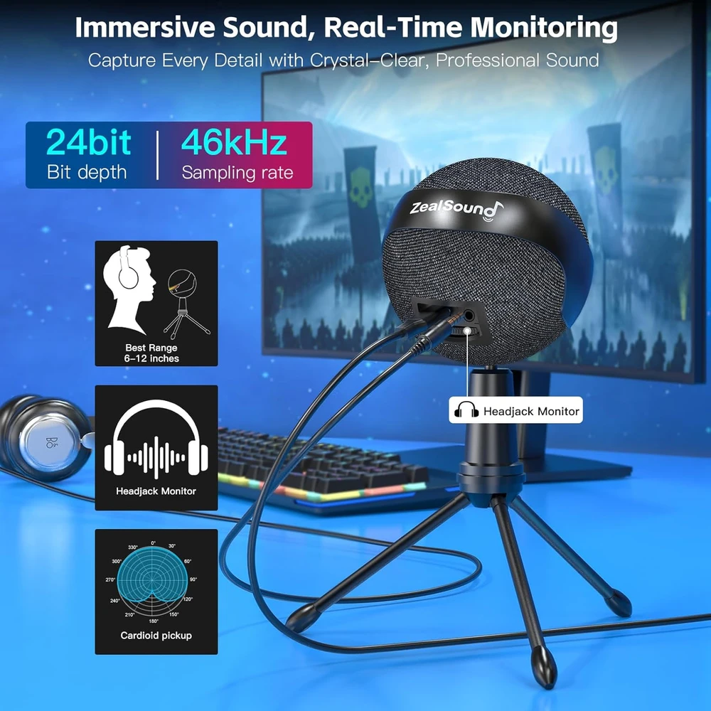 ZealSound USB kondensatorinis mikrofonas su triukšmo slopinimu, RGB apšvietimu ir ausinių monitoringu P9