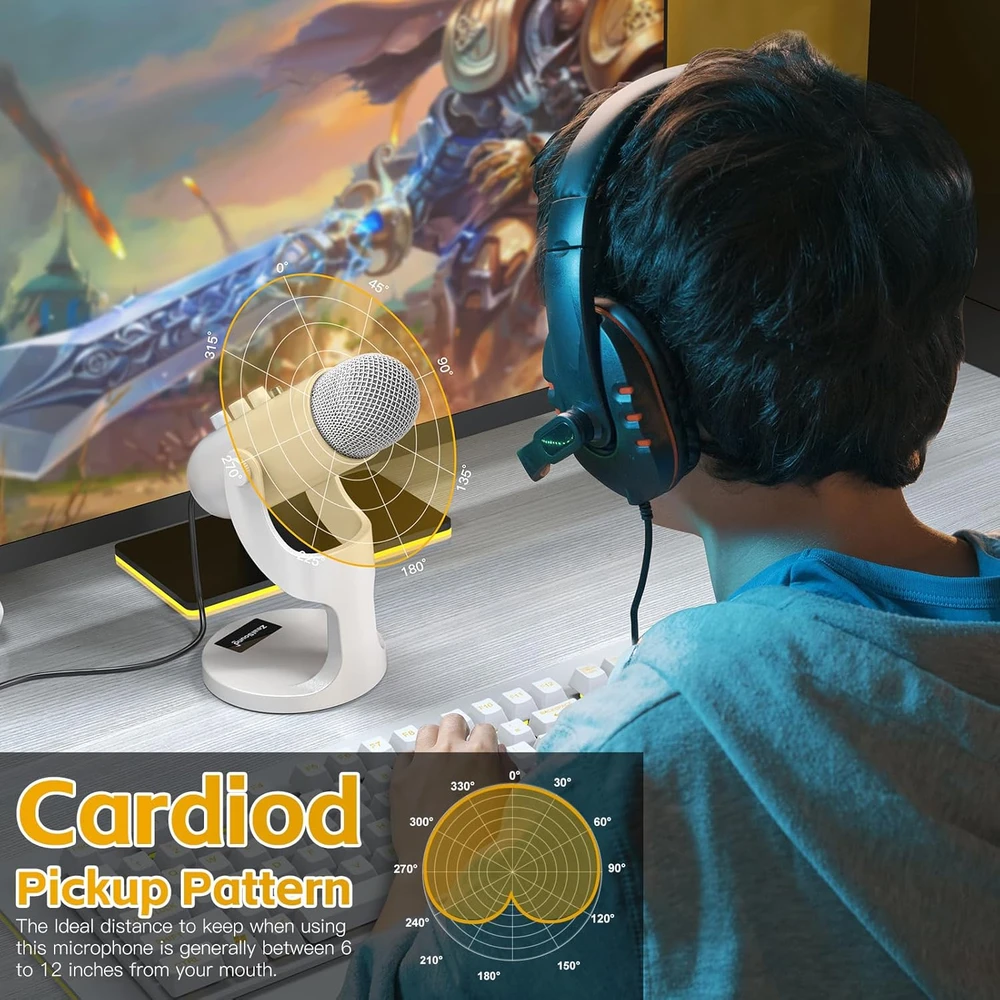 ZealSound USB kondensatorinis mikrofonas su triukšmo mažinimu, ausinių stebėjimu, Plug&Play, K66 Pearl Baltas