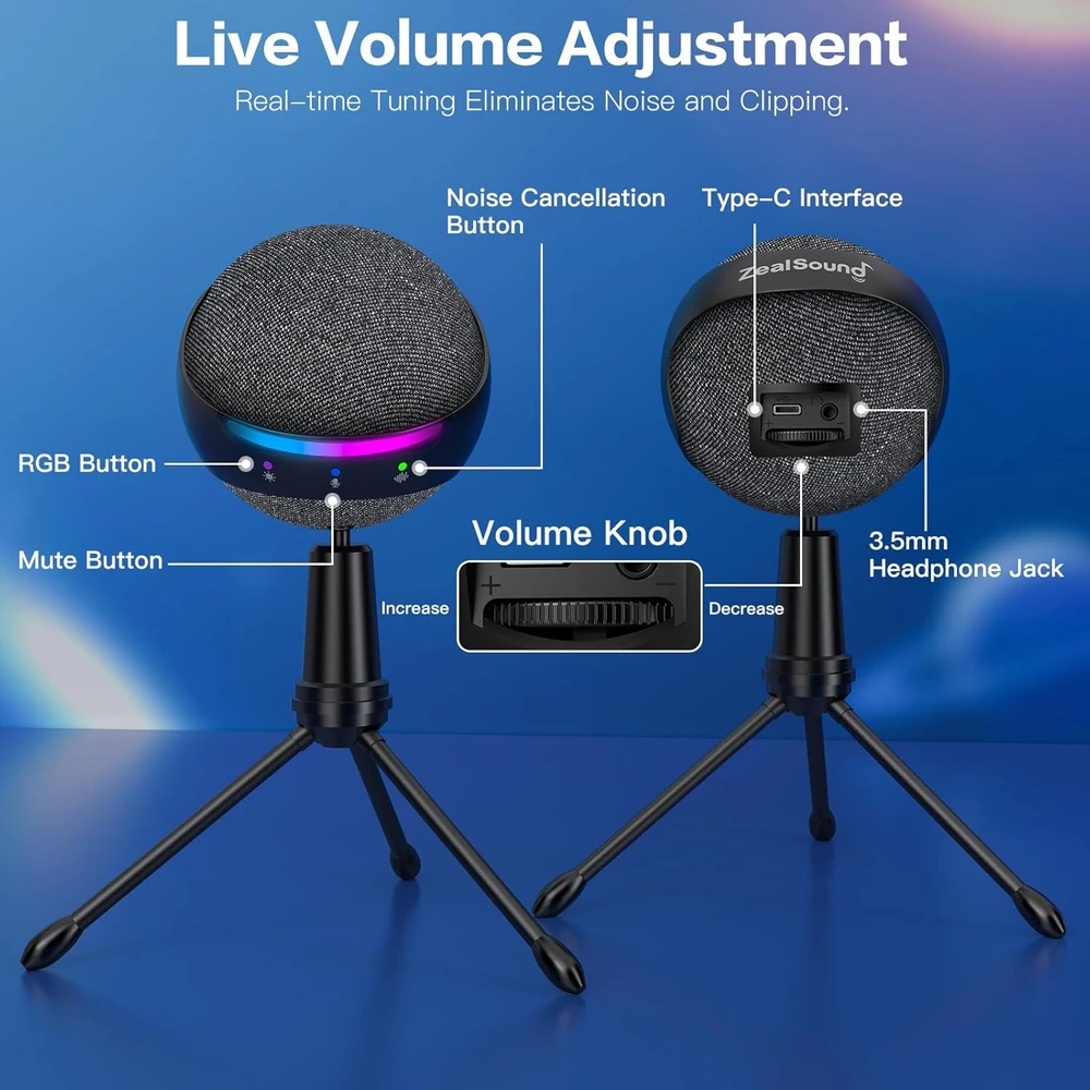 ZealSound USB kondensatorinis mikrofonas su triukšmo slopinimu, RGB apšvietimu ir ausinių monitoringu P9