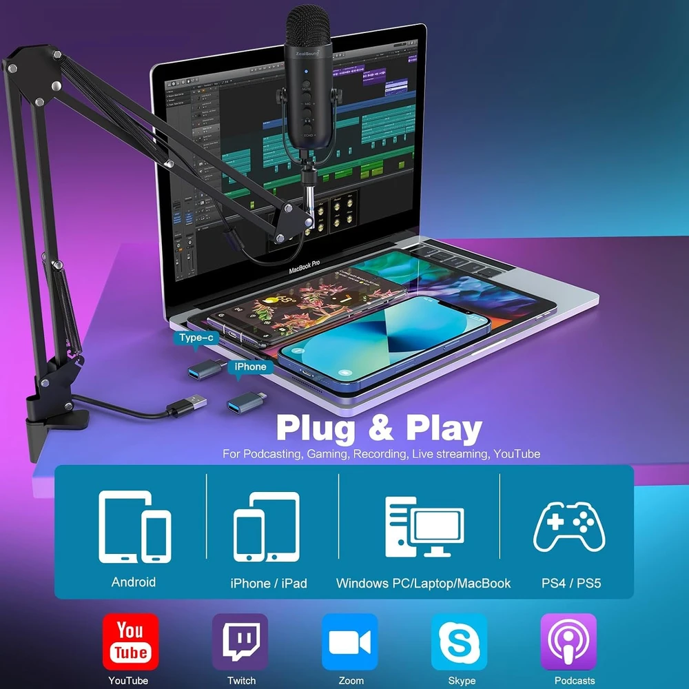 ZealSound USB kondensatorinis mikrofonas su stovu, triukšmo mažinimu, 3.5 mm monitoringas, K66S