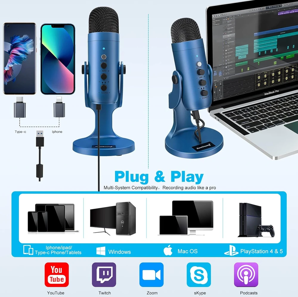 Zealsound USB kondensatorinis mikrofonas su triukšmo slopinimu ir 3,5 mm stebėjimo jungtimi, K66 Mėlyna