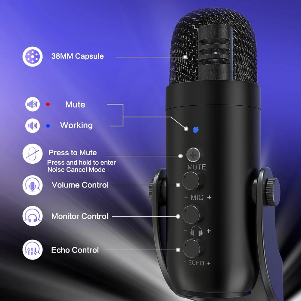 ZealSound USB kondensatorinis mikrofonas su stovu, triukšmo mažinimu, 3.5 mm monitoringas, K66S