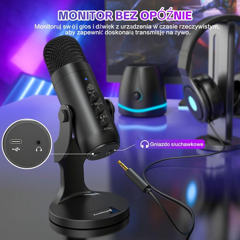 ZealSound USB kondensatorinis mikrofonas su Plug&Play, garsumo valdymu, ASMR įrašams ir podcast K66