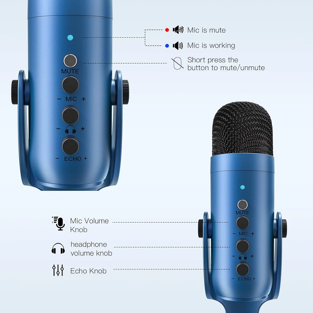 Zealsound USB kondensatorinis mikrofonas su triukšmo slopinimu ir 3,5 mm stebėjimo jungtimi, K66 Mėlyna