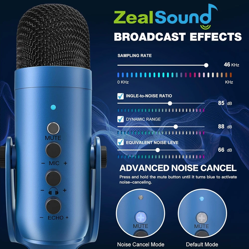 Zealsound USB kondensatorinis mikrofonas su triukšmo slopinimu ir 3,5 mm stebėjimo jungtimi, K66 Mėlyna