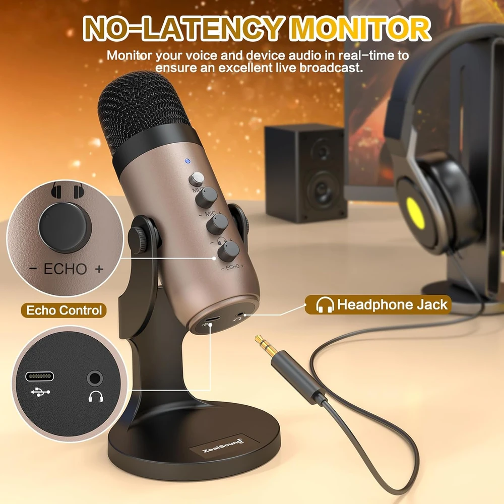 Zealsound USB kondensatorinis mikrofonas su triukšmo slopinimu, kardioidine kryptimi, K66 Gold