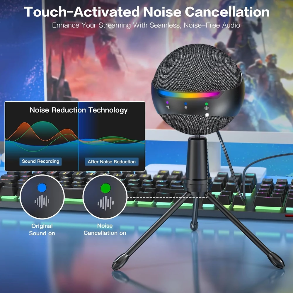 ZealSound USB kondensatorinis mikrofonas su triukšmo slopinimu, RGB apšvietimu ir ausinių monitoringu P9