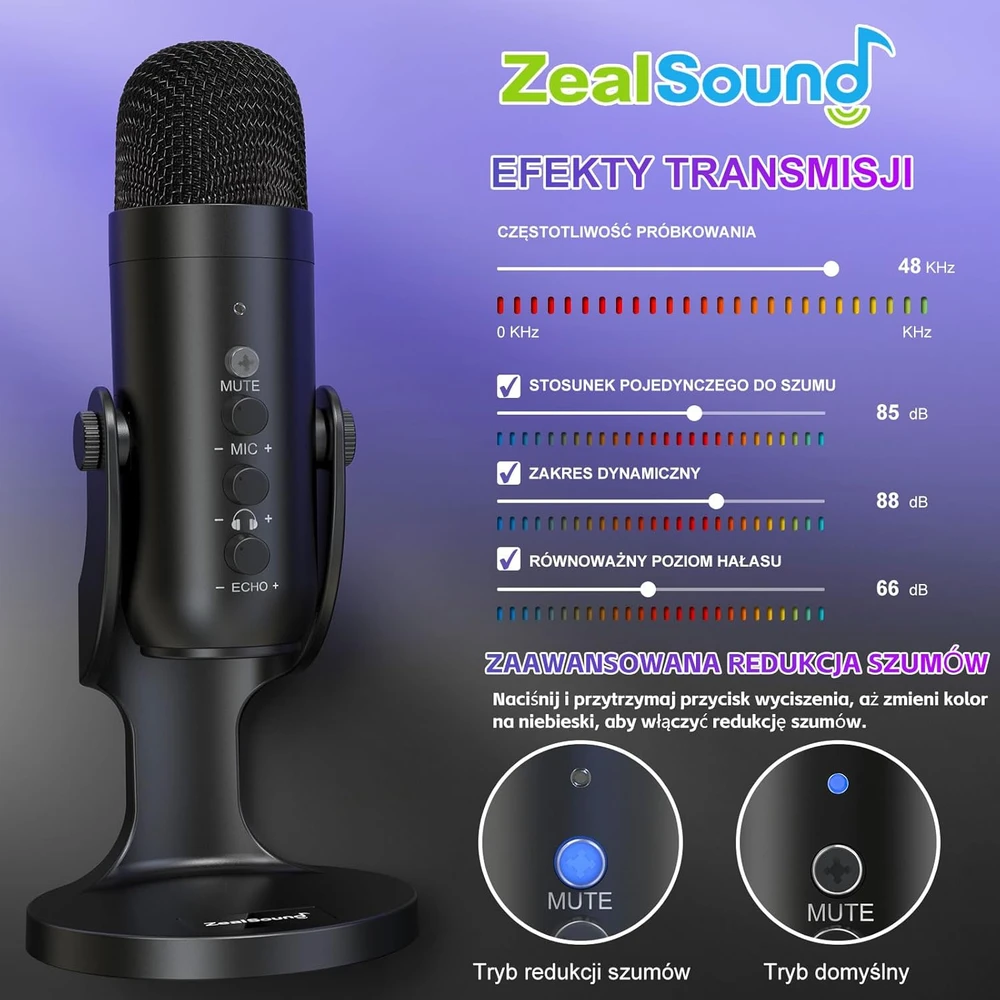 ZealSound USB kondensatorinis mikrofonas su Plug&Play, garsumo valdymu, ASMR įrašams ir podcast K66