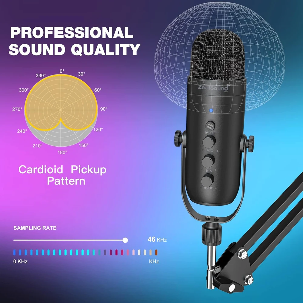 ZealSound USB kondensatorinis mikrofonas su stovu, triukšmo mažinimu, 3.5 mm monitoringas, K66S