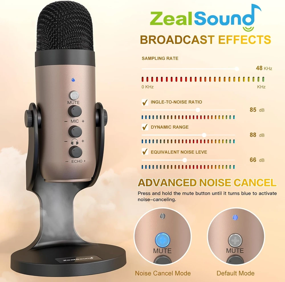 Zealsound USB kondensatorinis mikrofonas su triukšmo slopinimu, kardioidine kryptimi, K66 Gold