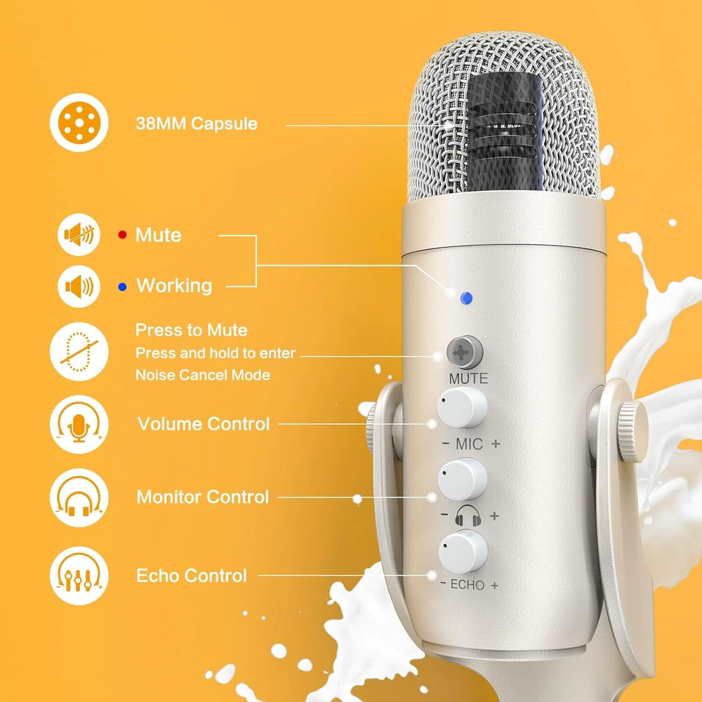 ZealSound USB kondensatorinis mikrofonas su triukšmo mažinimu, ausinių stebėjimu, Plug&Play, K66 Pearl Baltas
