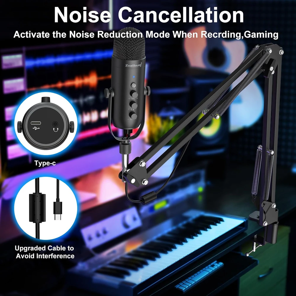 ZealSound USB kondensatorinis mikrofonas su stovu, triukšmo mažinimu, 3.5 mm monitoringas, K66S