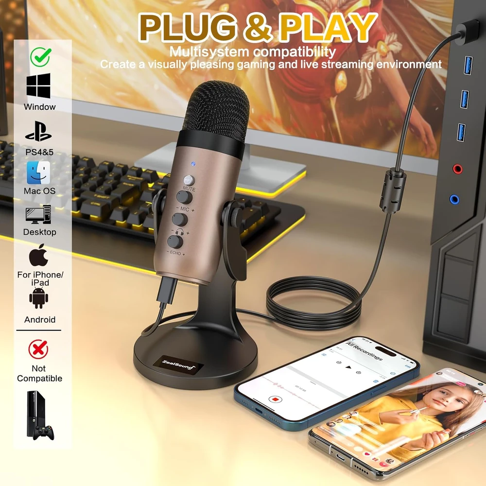 Zealsound USB kondensatorinis mikrofonas su triukšmo slopinimu, kardioidine kryptimi, K66 Gold