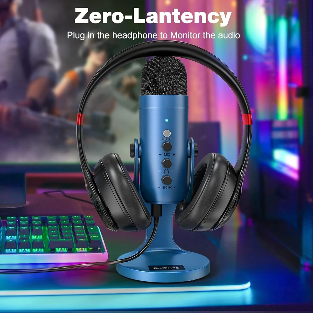 Zealsound USB kondensatorinis mikrofonas su triukšmo slopinimu ir 3,5 mm stebėjimo jungtimi, K66 Mėlyna