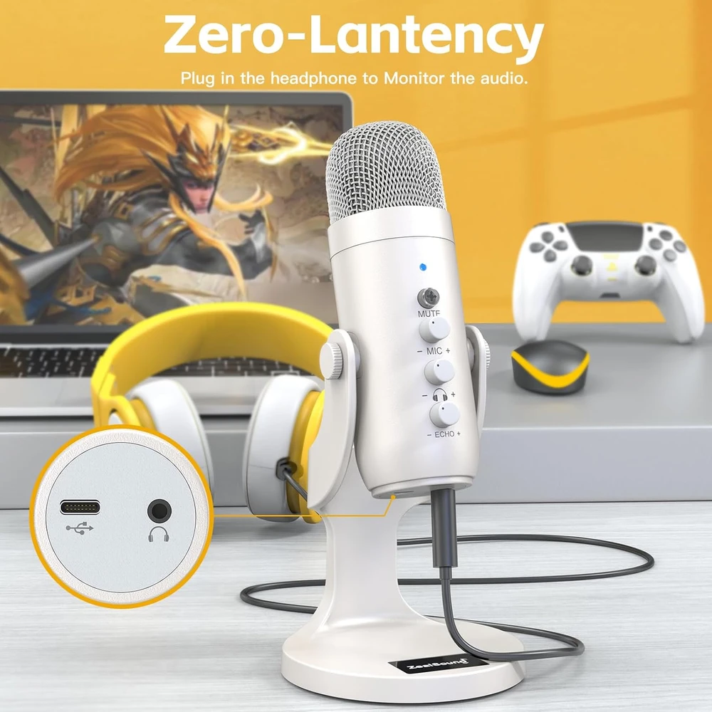 ZealSound USB kondensatorinis mikrofonas su triukšmo mažinimu, ausinių stebėjimu, Plug&Play, K66 Pearl Baltas