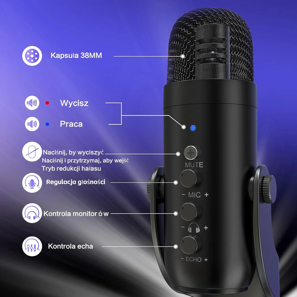 ZealSound USB kondensatorinis mikrofonas su Plug&Play, garsumo valdymu, ASMR įrašams ir podcast K66