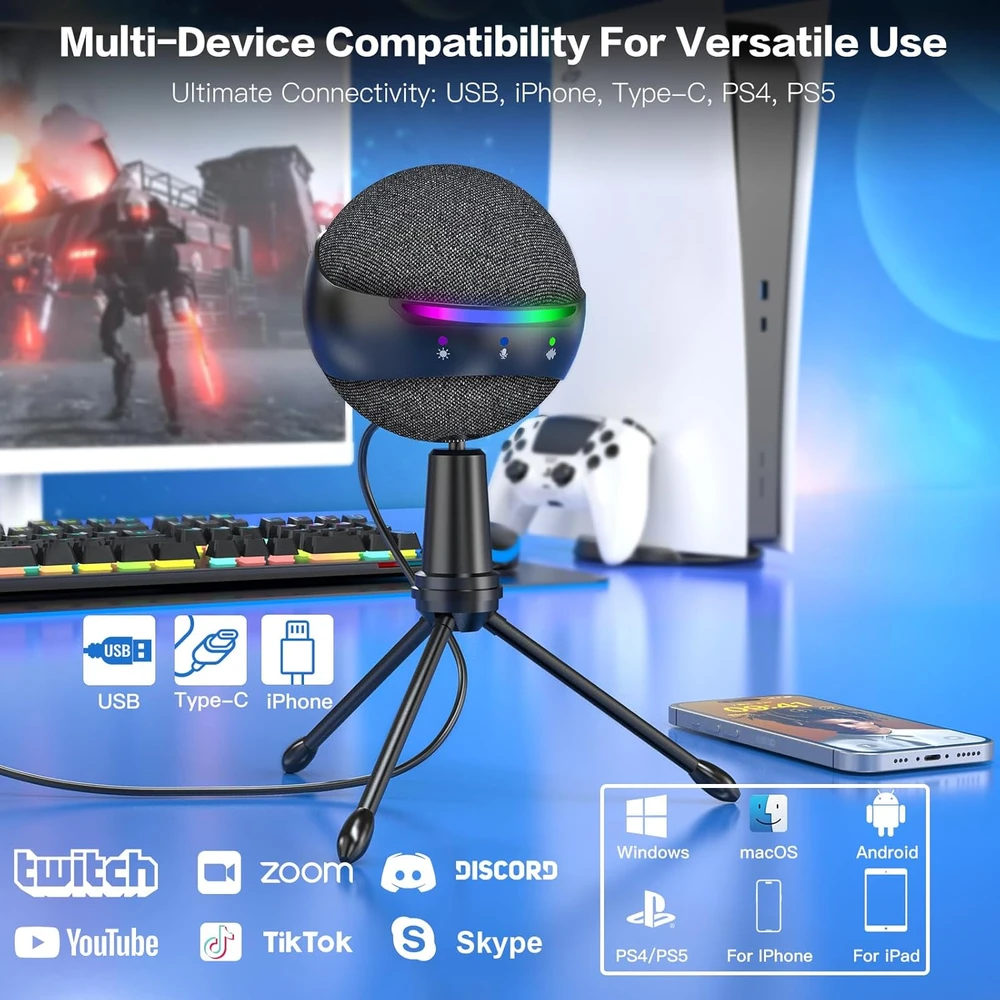 ZealSound USB kondensatorinis mikrofonas su triukšmo slopinimu, RGB apšvietimu ir ausinių monitoringu P9