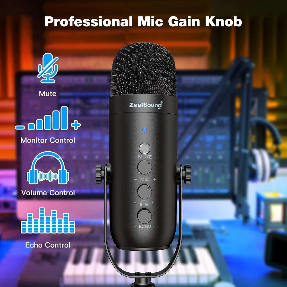 ZealSound USB kondensatorinis mikrofonas su stovu, triukšmo mažinimu, 3.5 mm monitoringas, K66S