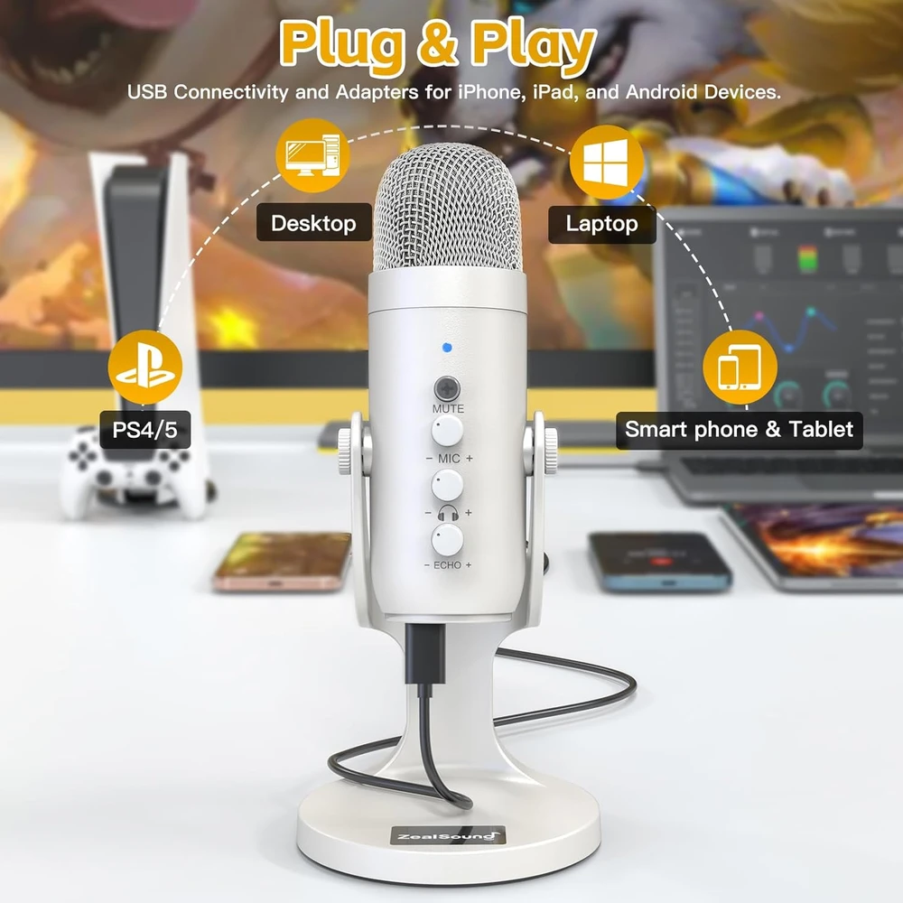 ZealSound USB kondensatorinis mikrofonas su triukšmo mažinimu, ausinių stebėjimu, Plug&Play, K66 Pearl Baltas
