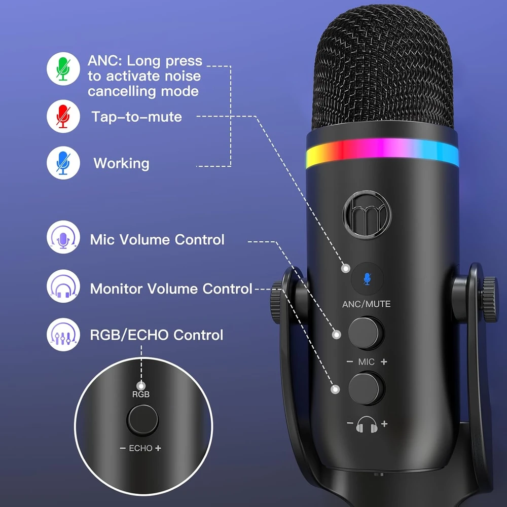 Zealsound USB kondensatorinis mikrofonas su RGB apšvietimu, ANC, Plug & Play, K66Pro-EU