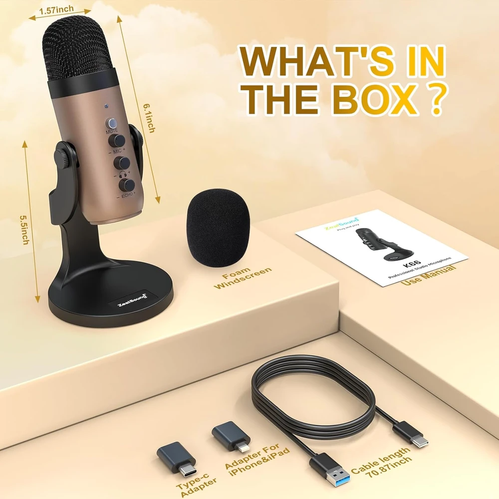 Zealsound USB kondensatorinis mikrofonas su triukšmo slopinimu, kardioidine kryptimi, K66 Gold