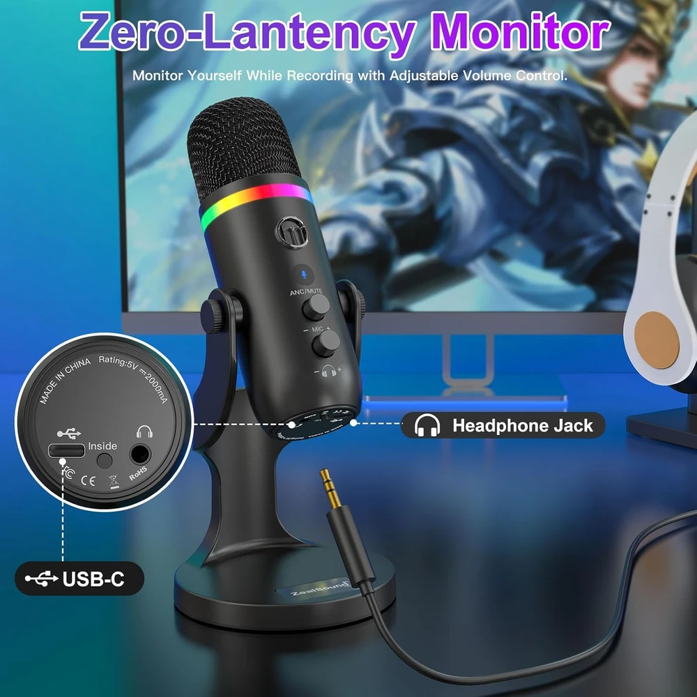 Zealsound USB kondensatorinis mikrofonas su RGB apšvietimu, ANC, Plug & Play, K66Pro-EU