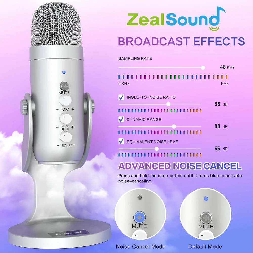 Zealsound USB mikrofonas K66 su triukšmo slopinimo, išjungimo ir eko funkcijomis, sujungimai USB-A/USB-C/Lightning, staliniam naudojimui