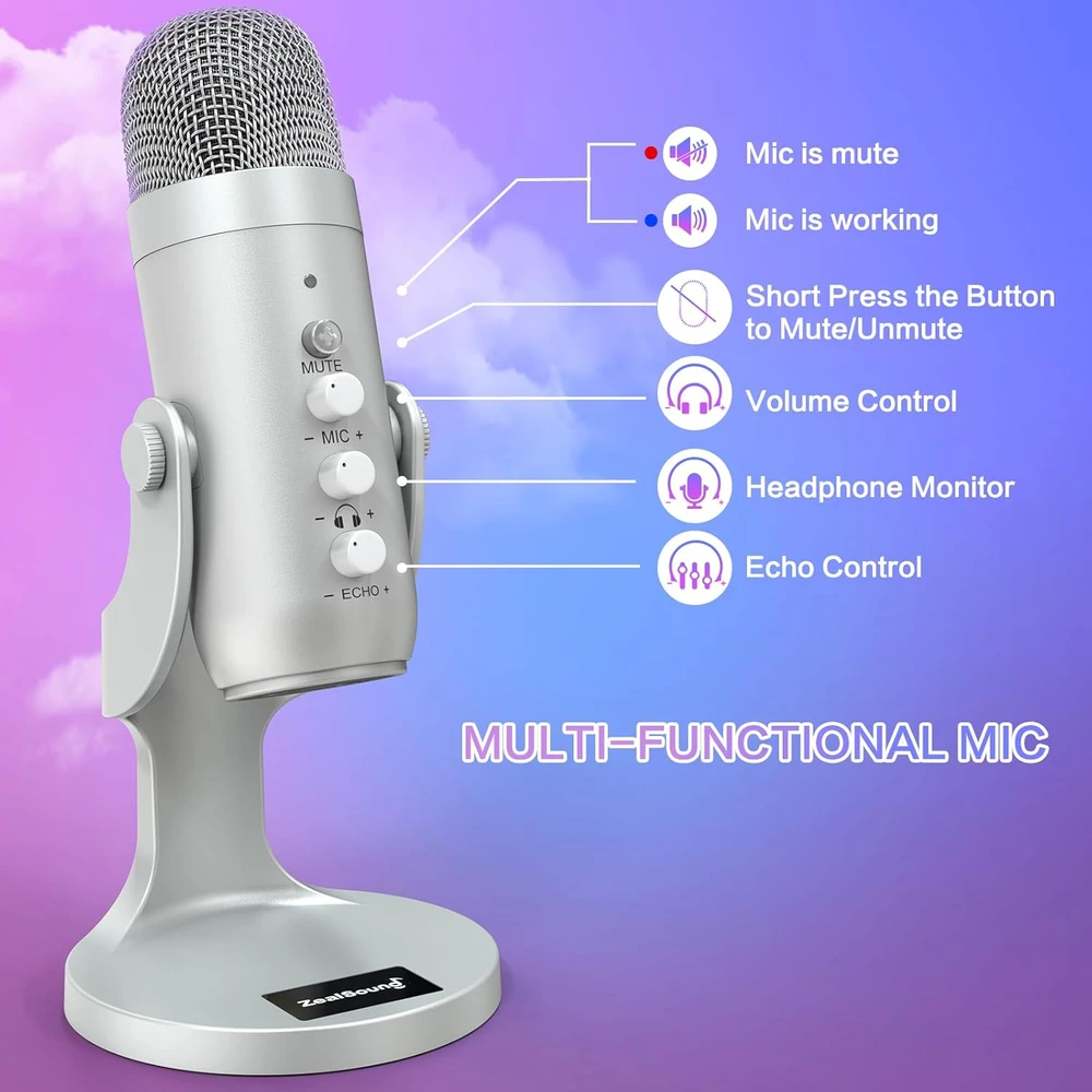 Zealsound USB mikrofonas K66 su triukšmo slopinimo, išjungimo ir eko funkcijomis, sujungimai USB-A/USB-C/Lightning, staliniam naudojimui