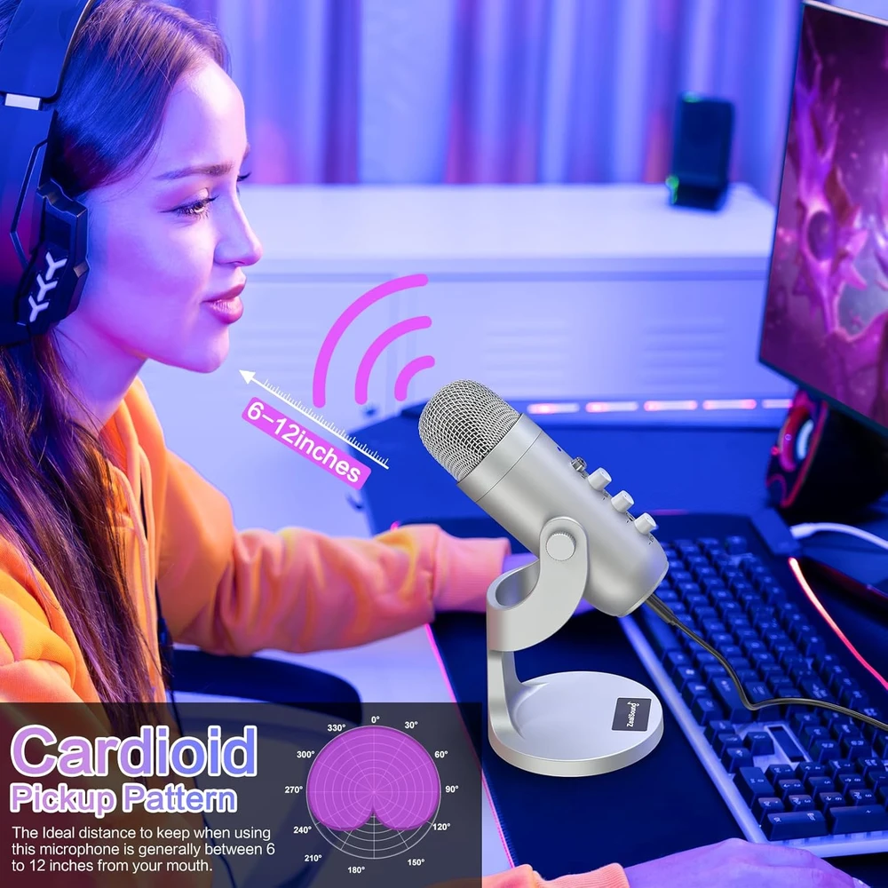 Zealsound USB mikrofonas K66 su triukšmo slopinimo, išjungimo ir eko funkcijomis, sujungimai USB-A/USB-C/Lightning, staliniam naudojimui