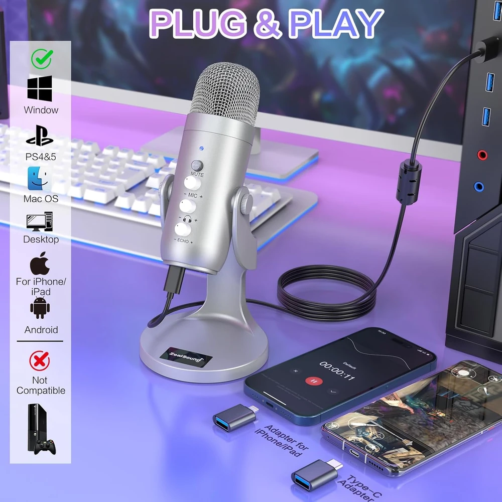 Zealsound USB mikrofonas K66 su triukšmo slopinimo, išjungimo ir eko funkcijomis, sujungimai USB-A/USB-C/Lightning, staliniam naudojimui