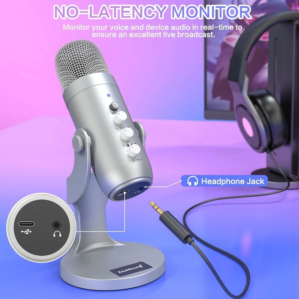 Zealsound USB mikrofonas K66 su triukšmo slopinimo, išjungimo ir eko funkcijomis, sujungimai USB-A/USB-C/Lightning, staliniam naudojimui