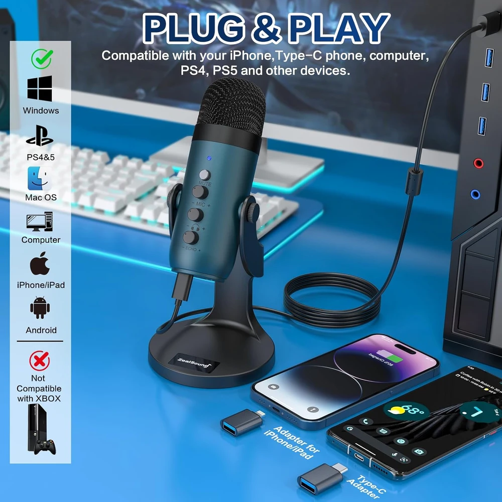 Zealsound USB mikrofonas kompiuteriui ir telefonui, kardioidinis su Echo, triukšmo slopinimu, K66 Teal