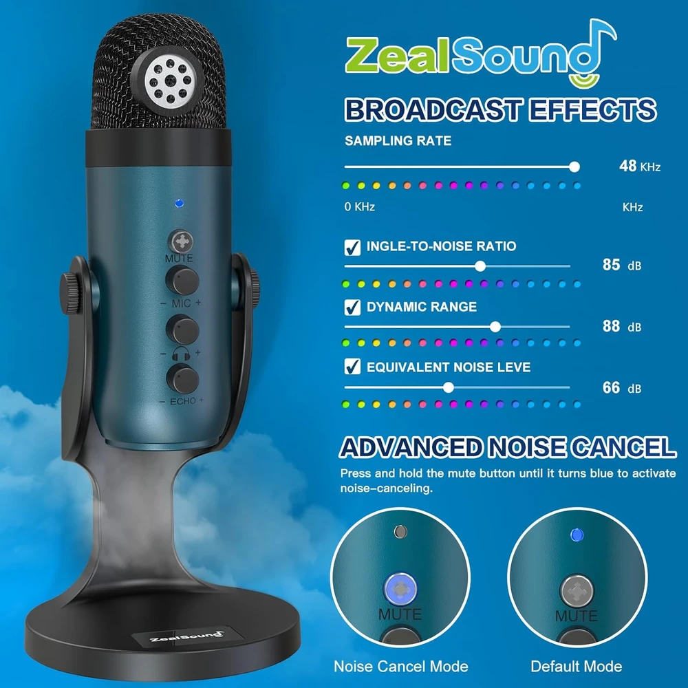 Zealsound USB mikrofonas kompiuteriui ir telefonui, kardioidinis su Echo, triukšmo slopinimu, K66 Teal
