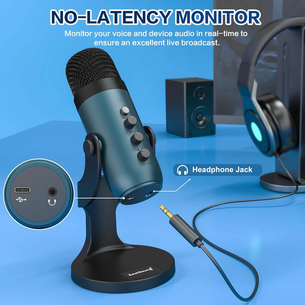 Zealsound USB mikrofonas kompiuteriui ir telefonui, kardioidinis su Echo, triukšmo slopinimu, K66 Teal