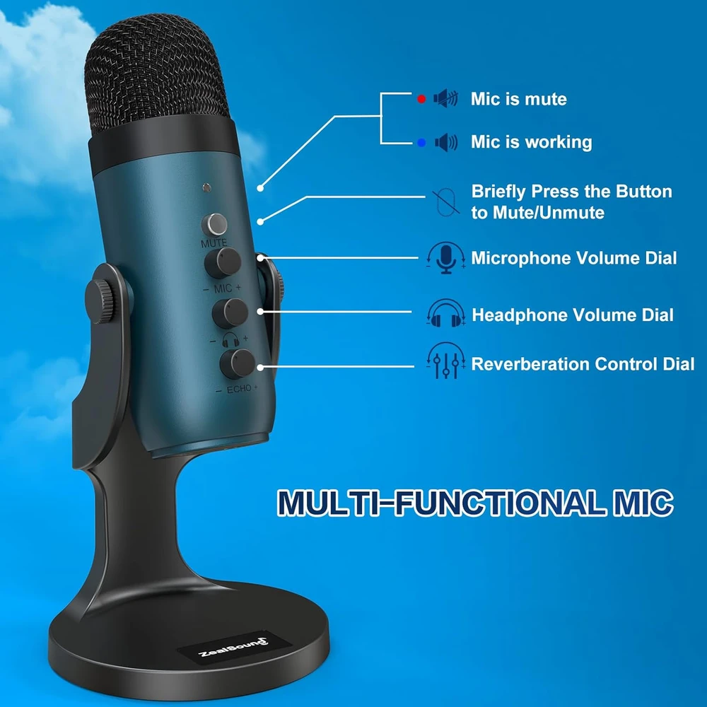 Zealsound USB mikrofonas kompiuteriui ir telefonui, kardioidinis su Echo, triukšmo slopinimu, K66 Teal