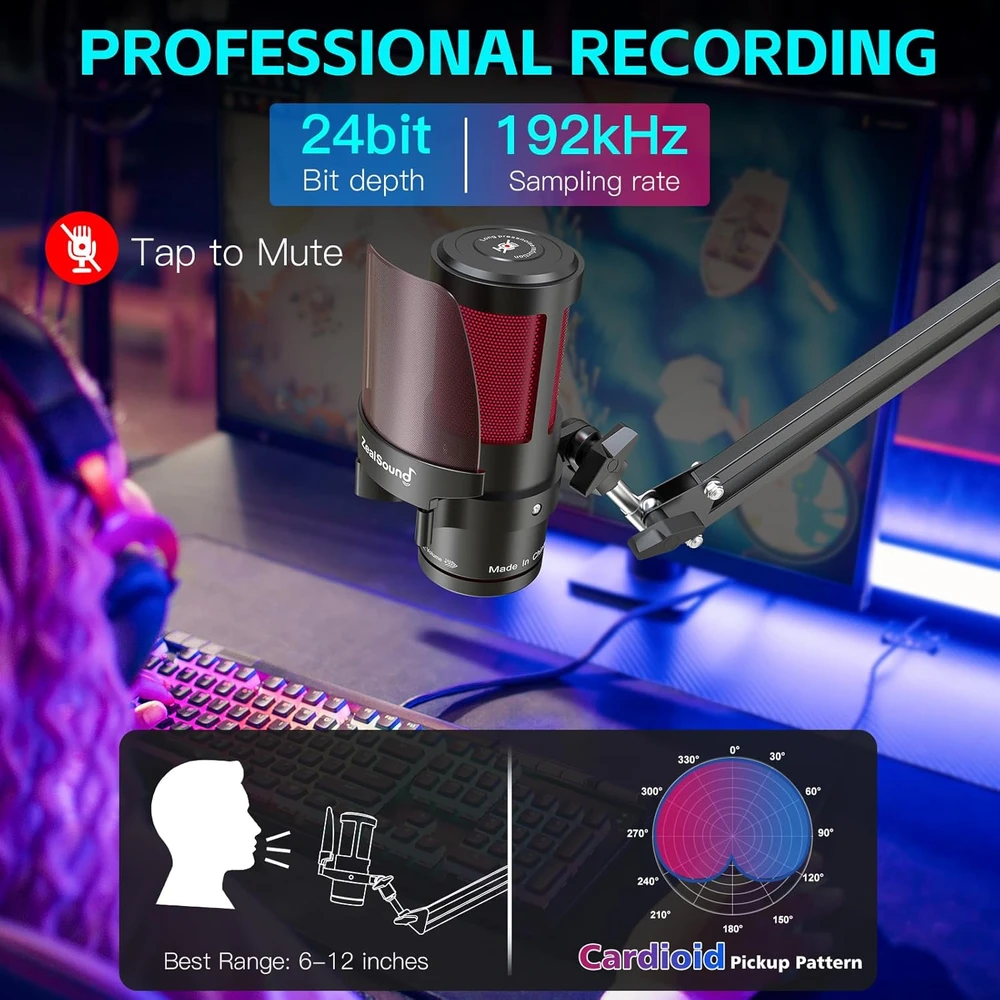 Zealsound USB mikrofonas su RGB apšvietimu, 192 kHz dažniu, vienakryptis, KM8S-EU