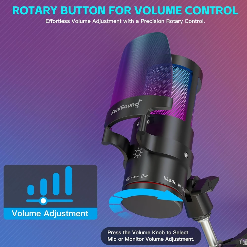 Zealsound USB mikrofonas su RGB apšvietimu, 192 kHz dažniu, vienakryptis, KM8S-EU