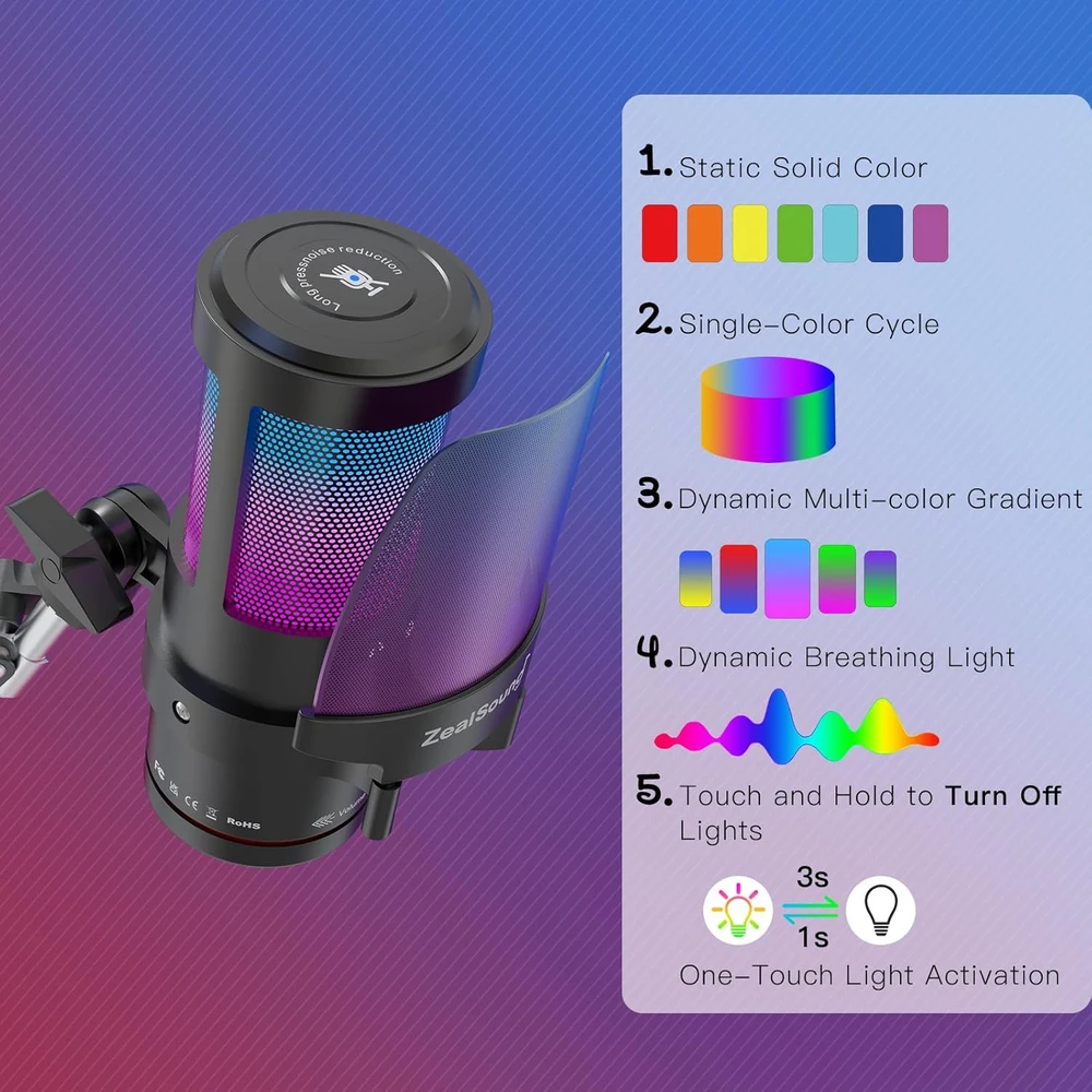 Zealsound USB mikrofonas su RGB apšvietimu, 192 kHz dažniu, vienakryptis, KM8S-EU