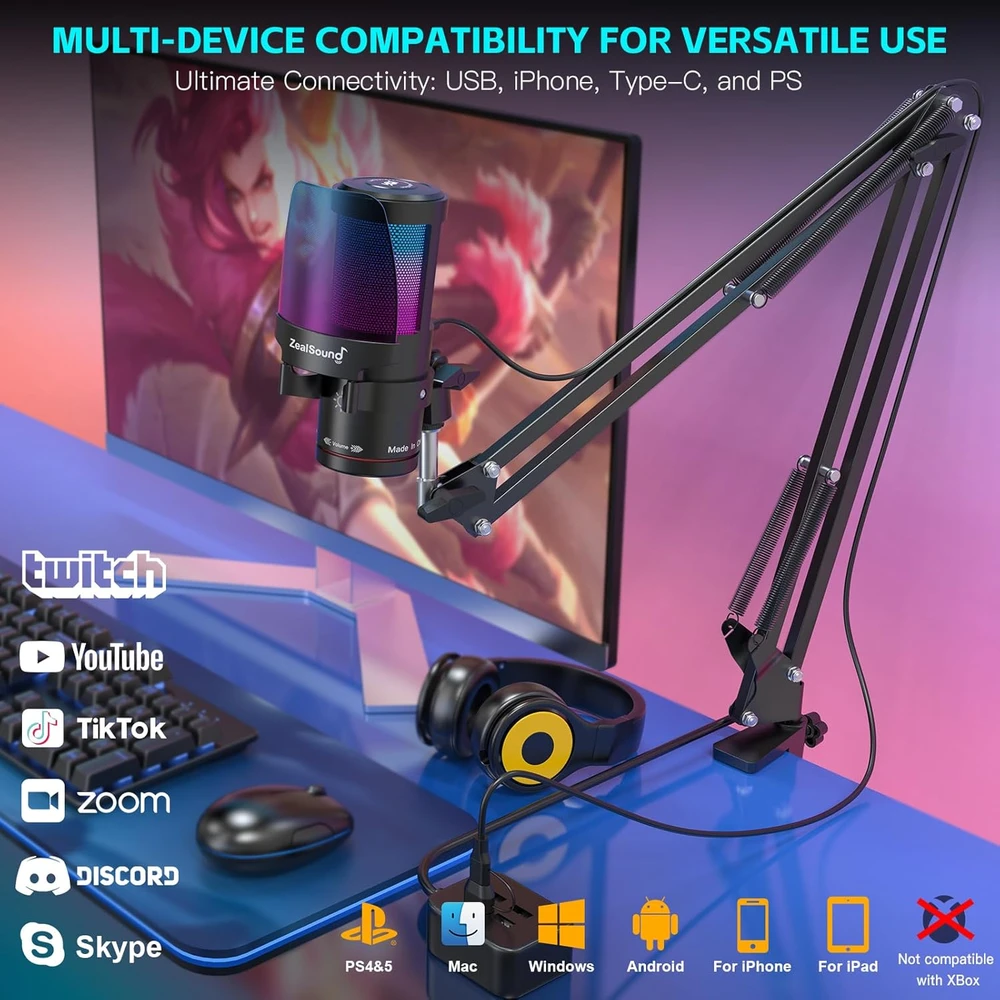 Zealsound USB mikrofonas su RGB apšvietimu, 192 kHz dažniu, vienakryptis, KM8S-EU