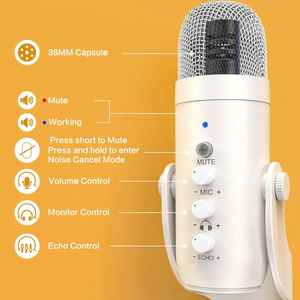 ZealSound USB mikrofonas su triukšmo mažinimu, kardioidinis, stalo laikiklis, K66 perlinis baltas