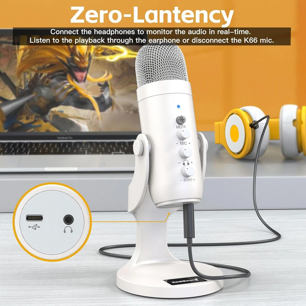 ZealSound USB mikrofonas su triukšmo mažinimu, kardioidinis, stalo laikiklis, K66 perlinis baltas
