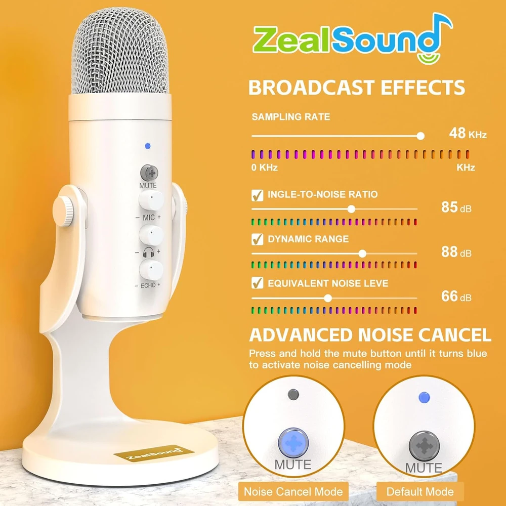 ZealSound USB mikrofonas su triukšmo mažinimu, kardioidinis, stalo laikiklis, K66 perlinis baltas