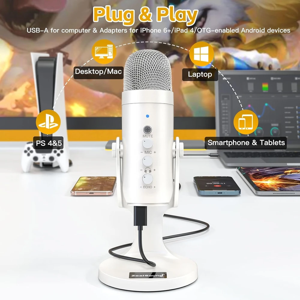 ZealSound USB mikrofonas su triukšmo mažinimu, kardioidinis, stalo laikiklis, K66 perlinis baltas