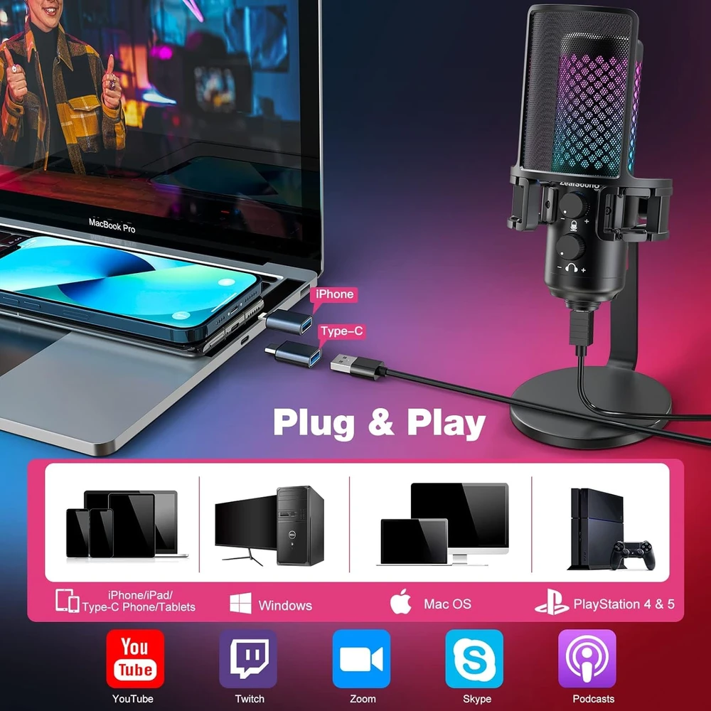 ZealSound USB RGB kondensatorinis žaidimų mikrofonas su tap-to-mute, 96 kHz, metalinis, BKD-12A