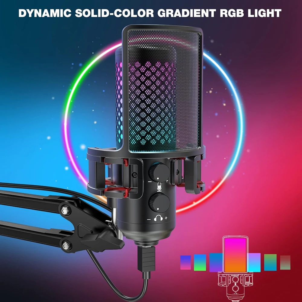 ZealSound USB RGB kondensatorinis žaidimų mikrofonas su tap-to-mute, 96 kHz, metalinis, BKD-12A