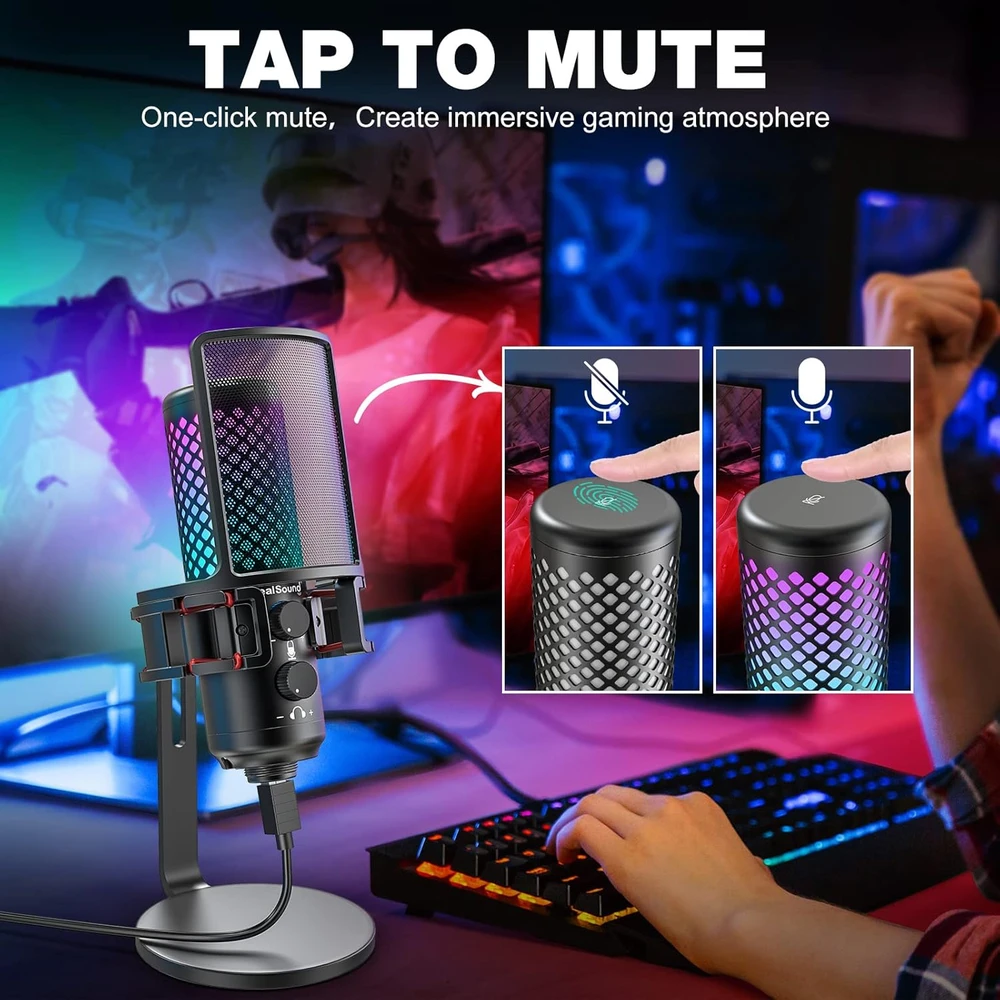 ZealSound USB RGB kondensatorinis žaidimų mikrofonas su tap-to-mute, 96 kHz, metalinis, BKD-12A