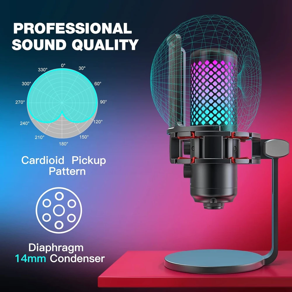 ZealSound USB RGB kondensatorinis žaidimų mikrofonas su tap-to-mute, 96 kHz, metalinis, BKD-12A