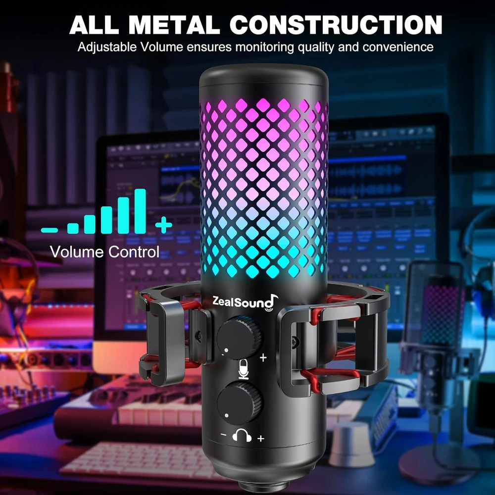 ZealSound USB RGB kondensatorinis žaidimų mikrofonas su tap-to-mute, 96 kHz, metalinis, BKD-12A