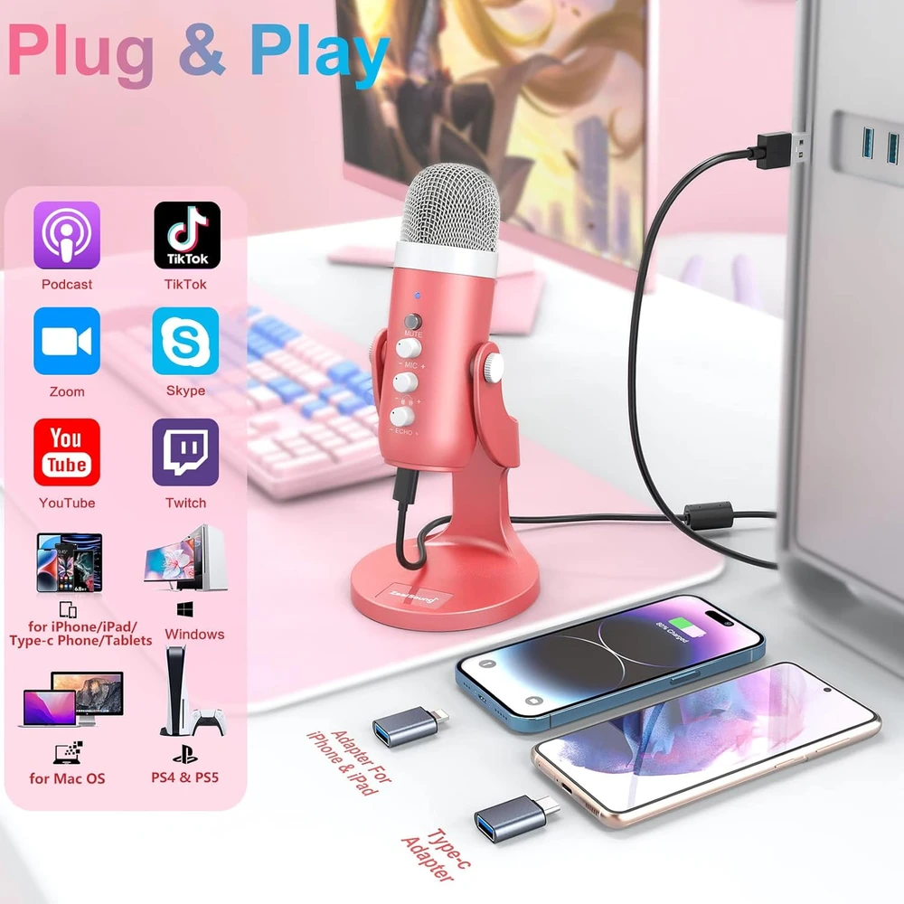 Zealsound USB stalo mikrofonas su kardioidine kryptimi, Echo funkcija, 3,5 mm ausinių išvestimi, K66P-Roze modelis