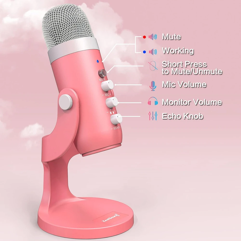Zealsound USB stalo mikrofonas su kardioidine kryptimi, Echo funkcija, 3,5 mm ausinių išvestimi, K66P-Roze modelis